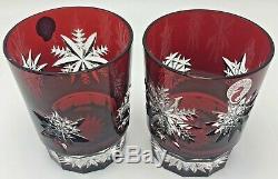 Waterford Snow Crystals Ruby Red Double Old Fashioned Glasses Pair Snowflakes