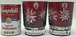 Waterford Snow Crystals Ruby Red Double Old Fashioned Glasses Pair Snowflakes