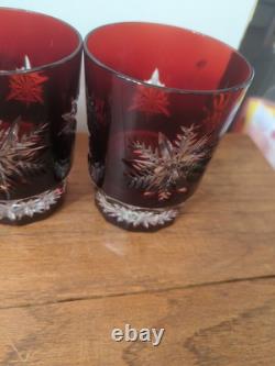 Waterford Snowflake Snow Crystals Ruby Whiskey Double Old Fashion Glasses Set 4