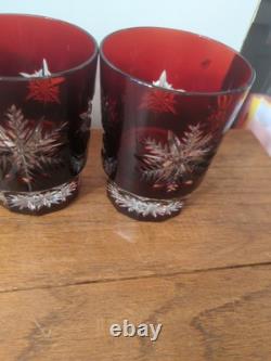 Waterford Snowflake Snow Crystals Ruby Whiskey Double Old Fashion Glasses Set 4