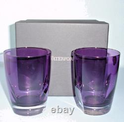 Waterford W Crystal Heather Purple Whiskey Tumbler DOF Glasses Pair 16 oz New