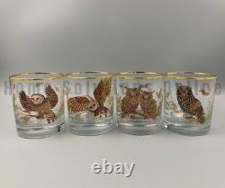Williams Sonoma Owl Collection Double Old Fashioned Gold Rim Glasses S/4 #A312