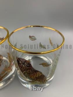 Williams Sonoma Owl Collection Double Old Fashioned Gold Rim Glasses S/4 #A312