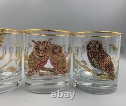 Williams Sonoma Owl Collection Double Old Fashioned Gold Rim Glasses S/4 #A312
