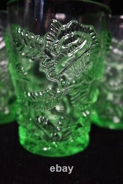 Wrigh Lg Glass Wild Rose Green 5 Double Old Fashioned Tumblers Raised Roses