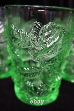 Wrigh Lg Glass Wild Rose Green 5 Double Old Fashioned Tumblers Raised Roses
