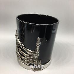 X4 Halloween Skeleton Hand Black Glass Set Silver Bones Double Old Fashioned