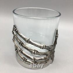 X4 Halloween Skeleton Hand DOF Glass Set Silver Metal Bones Double Old Fashioned