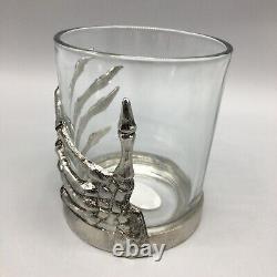 X4 Halloween Skeleton Hand DOF Glass Set Silver Metal Bones Double Old Fashioned